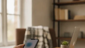 יד מחזיקה סמארטפון ליד מחשב נייד וכונן חיצוני על שולחן עץ