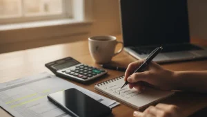 שולחן מטבח ביתי עם סמארטפון, דף פירוט חיובים מודפס, עט ומחשבון, בזמן עריכת רשימת מנויים חודשיים
