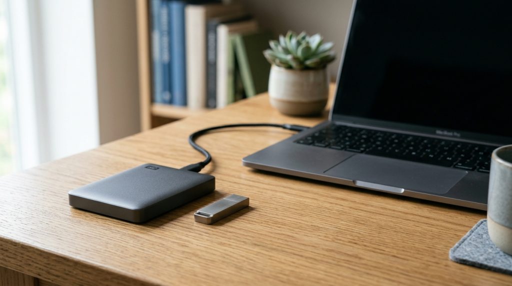 כונן קשיח חיצוני ו-USB על שולחן עבודה ליד מחשב נייד